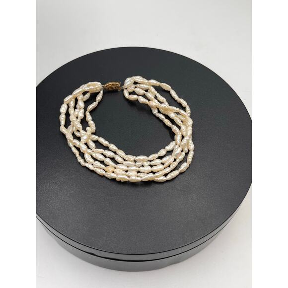 Yellow‎ Gold Clasp Multi Strand White Textured Freshwater Rice Pearl bracelet - Picture 4 of 8